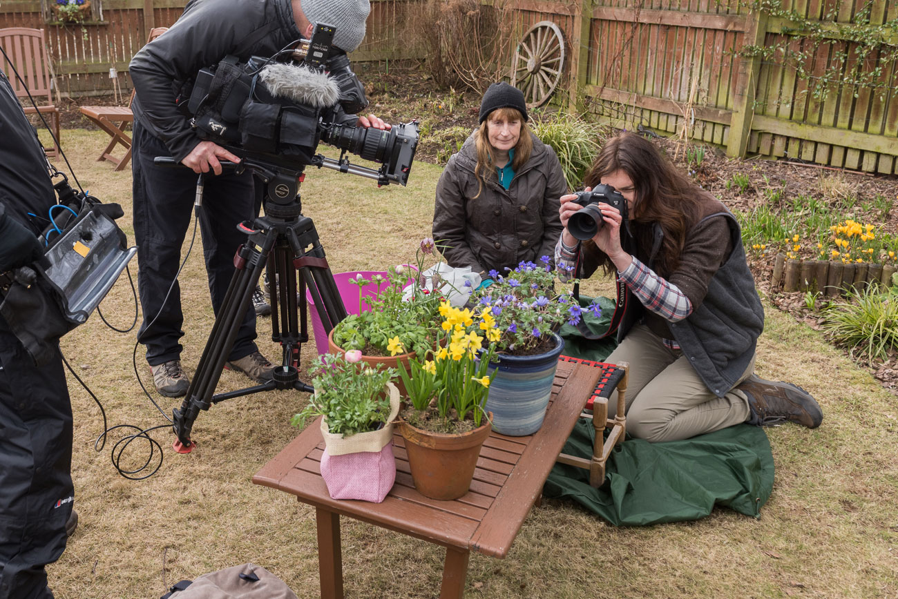 Rosie Nixon doing flower photography for BBC2 Beechgrove Garden with Carole Baxter